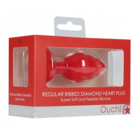 Красная анальная пробка Regular Ribbed Diamond Heart Plug - 7 см.